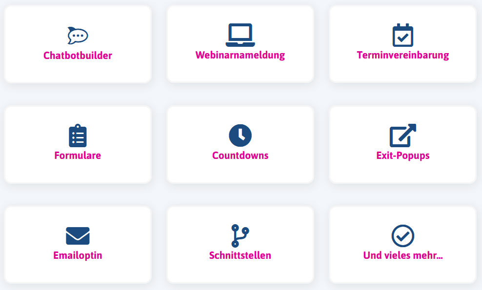 ConvertChat hat folgende Funktionen: Chatbuilder, Webinaranmeldung, Terminvereinbarung, Formulare, Countdowns, Exit-PopUps, eMail-OptIn, Schnittstellen, und vieles mehr